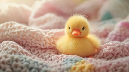 A little stuffed duck sitting on a blanket with soft pastel colors