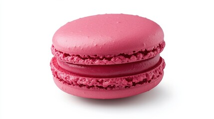 A single pink macaron with a vibrant berry filling, photographed against a clean white background. The macaron shows a slight texture, highlighting