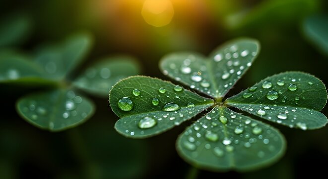 Tr&eacute;bol de cuatro hojas con gotas de roc&iacute;o &ndash; Fotograf&iacute;a macro