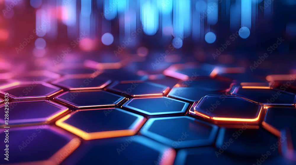 Poster close-up image of a futuristic hexagonal pattern with vibrant neon lights. perfect for tech-related 