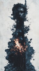 A striking painting depicting a woman adorned in a black dress, with flames artistically integrated into her hair, symbolizing passion and intensity.