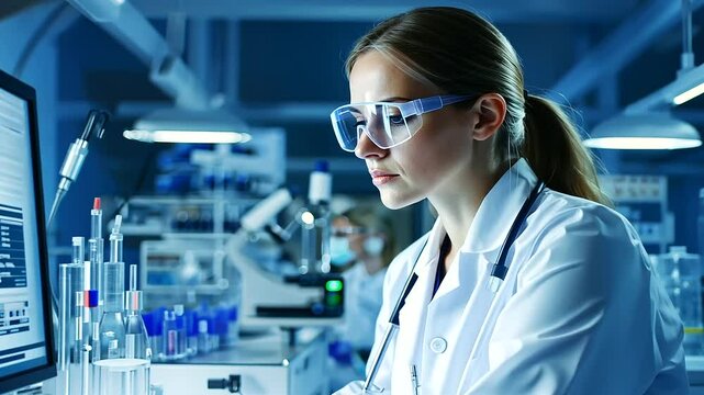 Scientist analyzing data on a computer in a biotech facility