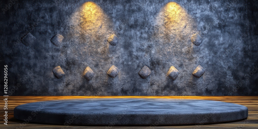 Poster a modern room featuring a circular concrete floor and illuminated walls, creating a unique and conte