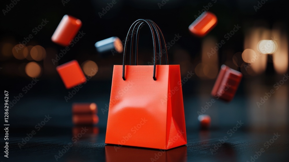 Poster a vibrant red shopping bag surrounded by floating colorful blocks in a blurred urban setting