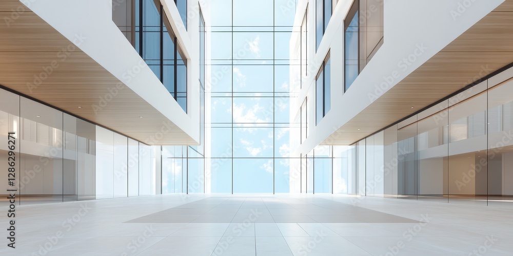Poster a spacious room filled with natural light from numerous windows, offering a serene view of the sky, 