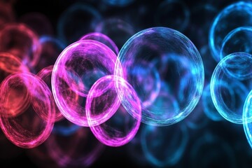 Glowing Neon Bubbles Abstract Background - Abstract of glowing pink and blue bubbles, symbolizing energy, connection, imagination, dreams, and technology
