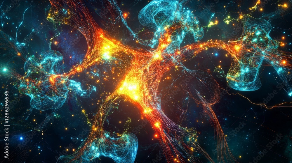 Poster glowing neural pathways: signals flowing - abstract artwork depicting interconnected signals, symbol