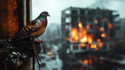 A pigeon perches on a ledge as towering flames engulf a nearby building, emphasizing a stark and dramatic atmosphere, contrasted by the heavy rainfall surrounding the scene.
