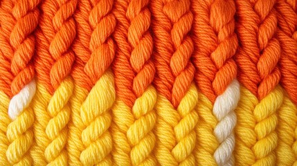 Fototapeta premium A vibrant close-up of a knitted blanket featuring yellow and orange hues, complemented by a soft white trim, showcasing intricate craftsmanship.