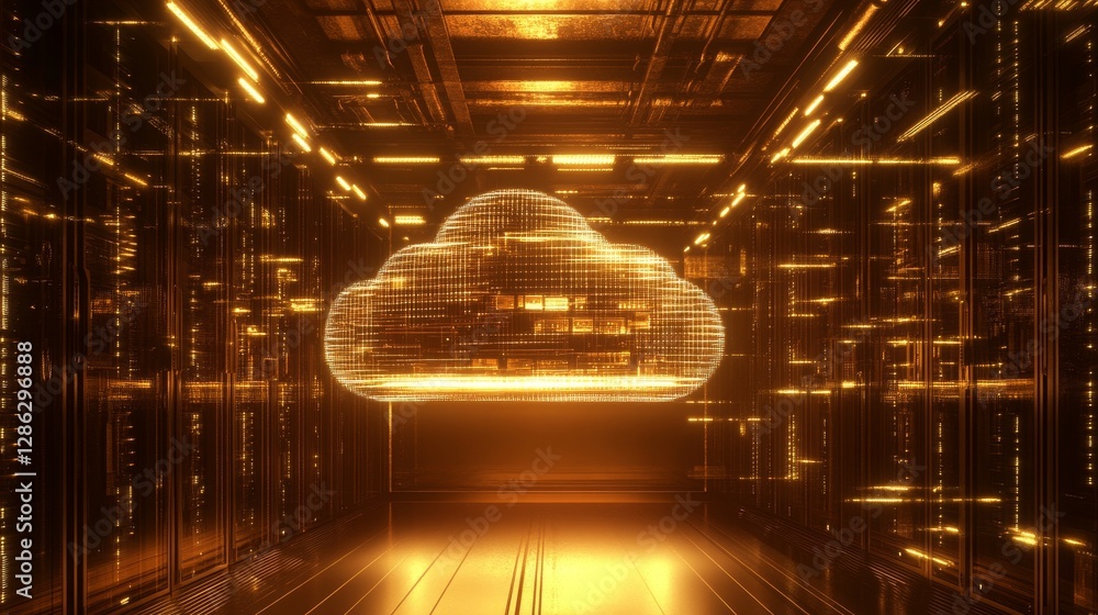 Poster golden cloud computing server room - a 3d of a server room with a glowing cloud symbol, representing
