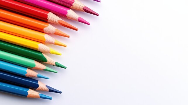 A neatly arranged set of colorful pencils lies on a white background, ready to inspire creativity and artistic expression through drawing and illustration.