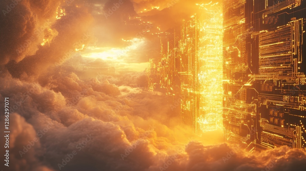 Poster golden gate to the cloud - a mesmerizing 3d of a golden gateway rising through clouds, symbolizing t