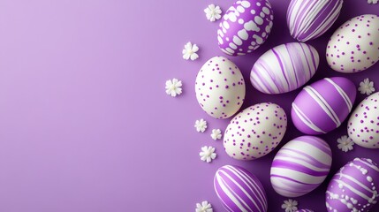 Vibrantly decorated Easter eggs in shades of purple and white are artfully arranged with delicate flowers, creating a festive and charming seasonal display.