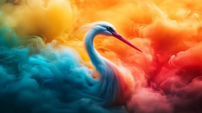 Colorful crane gracefully emerges from vibrant smoke, creating a surreal and captivating visual effect that mesmerizes viewers.