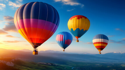 Fototapeta premium Colorful hot air balloons soaring over picturesque landscapes at sunset, creating a captivating travel experience.