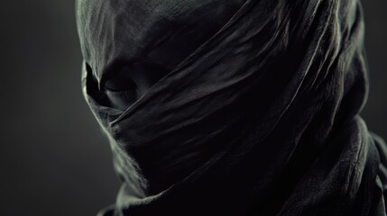 A man with a black veil obscures his face, creating an air of mystery and intrigue, emphasizing cultural or religious significance.