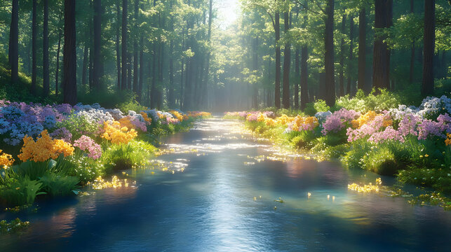 Colorful Forest Path With River And Flowers