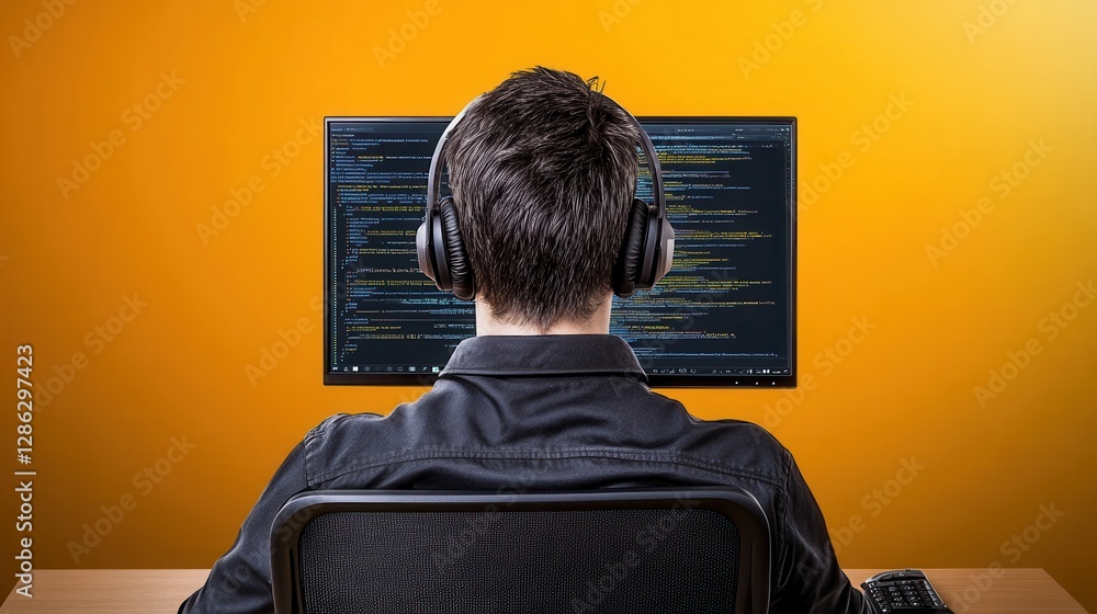 Poster rear view of a person wearing black headphones, seated at a desk in front of two computer monitors d