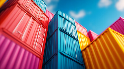 Fototapeta premium Colorful shipping containers stacked against a bright blue sky, showcasing modern logistics and transportation.