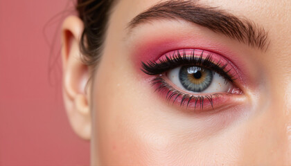 Naklejka premium Close-up of a woman's eye showcasing pink makeup