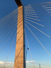 Fototapeta premium A low angle view of a suspension bridge against a clear blue sky. The cables are arranged in a symmetrical pattern, with the sun casting long shadows on the concrete supports