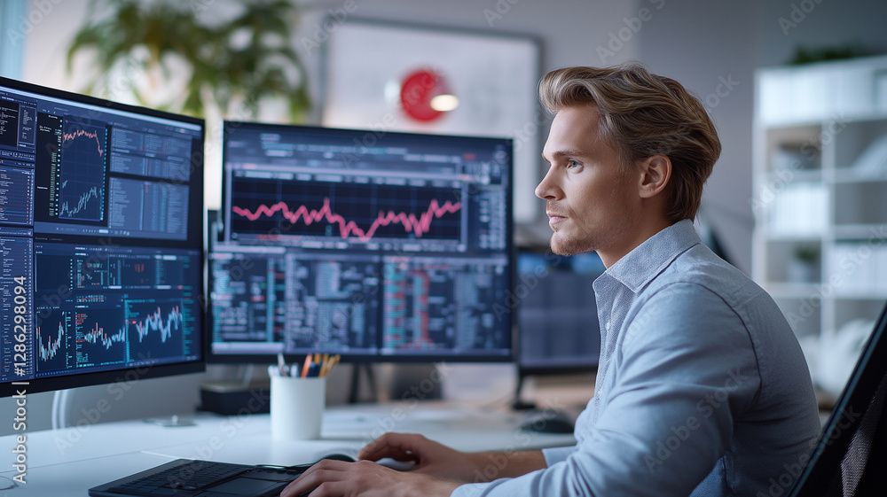 Poster focused man analyzing financial data on multiple screens