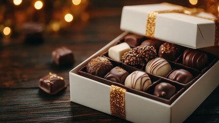 An exquisite assortment of gourmet chocolates presented in a beautifully wrapped box, exuding a festive atmosphere, ideal for celebrations or special gifting occasions.