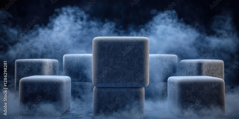 Poster smoke rises dramatically from a cluster of cubes, shrouded in shadows within a dimly lit room, creat