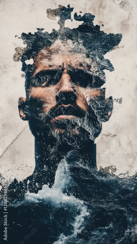 Poster a man with a beard is juxtaposed against another man with a beardless face, both submerged in water,