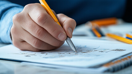 Sketching ideas with pencil on paper, creative process