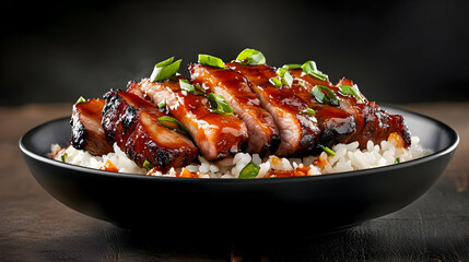 Delicious glazed barbecue chicken served on a bed of fluffy white rice, garnished with fresh green onions for added flavor.