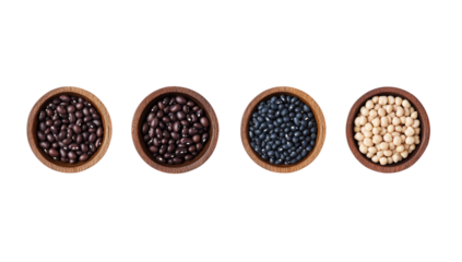 Assorted beans in wooden bowls on transparent background: black, kidney, navy, and chickpea