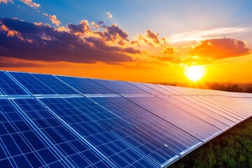 Industrial Solar Power Complex at Sunrise - Clean energy, sustainable power, renewable resources, sunset landscape, solar technology. Symbolizing progress, innovation, efficiency
