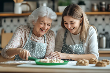 Fototapeta premium Cooking with mom.Happy senior mother and adult daughter rolling dough,laugh having fun roll dough cook pizza domestic kitchen at home.together spending time baking cookies by family recipe