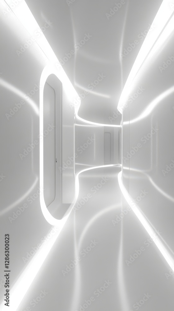 Poster a minimalist white room featuring a door and a reflective mirror, creating an airy and open atmosphe