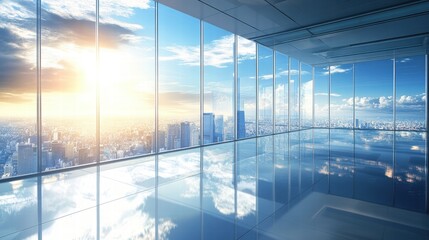 Modern Office Interior with Skyline View and Bright Sunlight