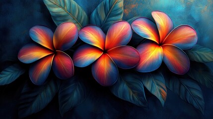 Obraz premium Vibrant plumeria flowers, dark foliage backdrop, tropical art print