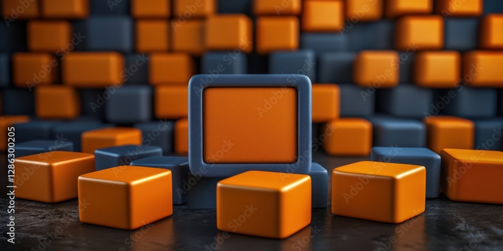 Poster a vibrant arrangement of orange and blue cubes is displayed on a table, creating a visually striking