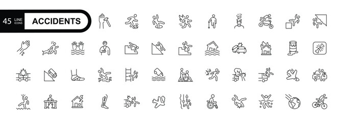 Accidents line editable stroke icon set. Falls, blows, car accidents, work injury, etc. Vector illustration.