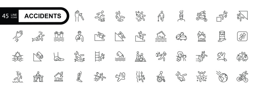 Accidents line editable stroke icon set. Falls, blows, car accidents, work injury, etc. Vector illustration.