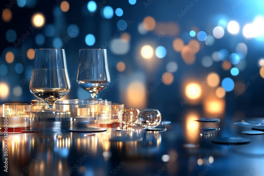 Poster laboratory glassware and data visualization - two elegant glasses rest on a reflective surface, surr