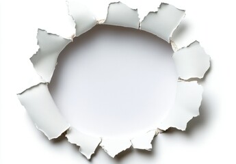 Naklejka premium Oval hole ripped in white paper, creating a frame.Irregularly torn edges, soft lighting, minimal texture.Clean background, focus on the hole's shape