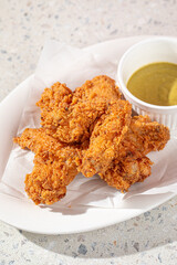 Portion of golden fried chicken with sauce in the cafe