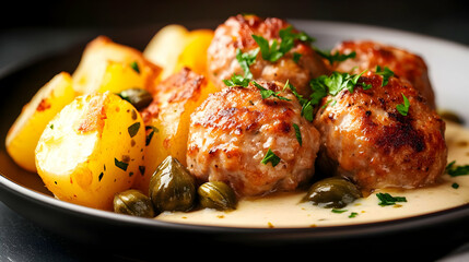 Delicious meatballs served with golden potatoes, capers, and a savory sauce, perfect for a hearty meal.