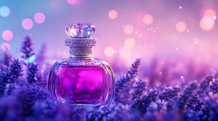 Lavender Perfume Bottle in a Field - A beautiful purple perfume bottle sits amidst a field of lavender flowers, creating a serene and enchanting scene