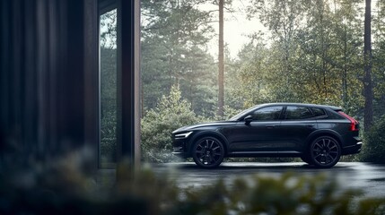 Luxury Sport Utility Vehicle In Rainy Forest Setting / Modern SUV in Nature Setting / Luxury SUV Photography Featuring a Modern Design / Luxury Vehicle Profile in Nature / Contemporary Vehicle in
