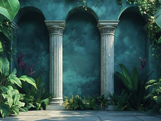 Serene Tropical Garden with Elegant Columns and Teal Wall. AI Generated