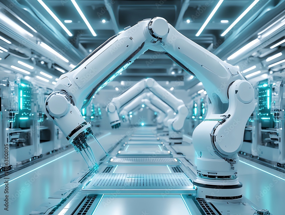 Poster automated robotic assembly line in modern factory