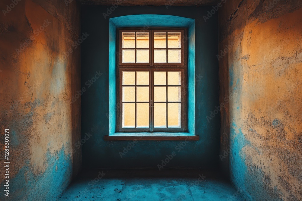 Poster a small room features a window set against a calming blue wall, creating a serene and inviting atmos