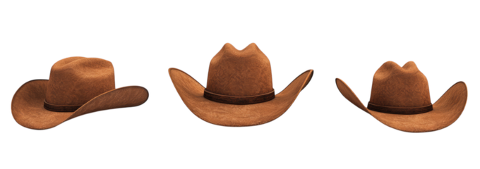 Three brown cowboy hats displayed in diverse angles on transparent background